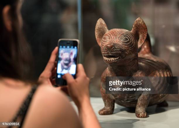May 2018, Germany, Berlin: A young woman photographing a big-bellied Dog made of clay at the exhibition 'Fleisch' in the Altes Museum in Berlin....