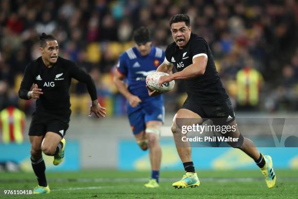 Anton Lienert-Brown of the All Blacks makes a break during the International Test match between the New Zealand All Blacks and France at Westpac...