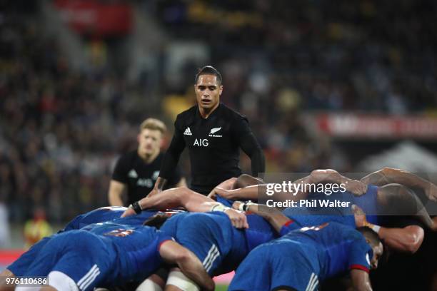 Aaron Smith of the New Zealand All Blacks during the International Test match between the New Zealand All Blacks and France at Westpac Stadium on...
