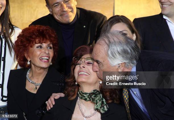 Maria Scicolone, Enzo Decaro, Sophia Loren and director Vittorio Sindoni attend the "La Mia Casa E' Piena Di Specchi" photocall at Sala Fellini...