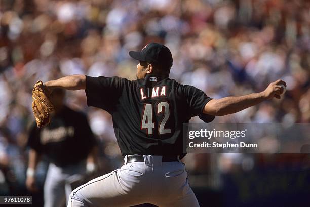 Jose Lima of the Houston Astros pitches during the game against the San Diego Padres at Qualcomm Stadium on June 11, 2000 in San Diego, California.