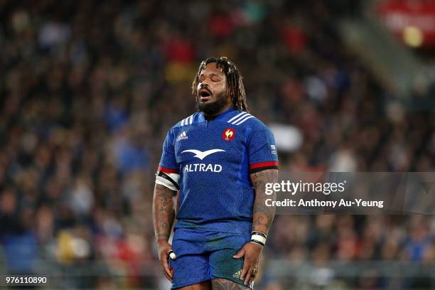Mathieu Bastareaud of France reacts during the International Test match between the New Zealand All Blacks and France at Westpac Stadium on June 16,...