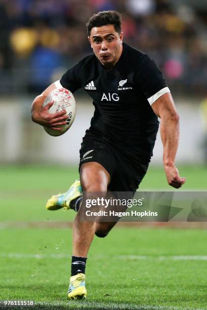 Anton Lienert-Brown of New Zealand in action during the International Test match between the New Zealand All Blacks and France at Westpac Stadium on...