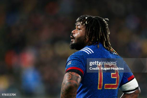 Mathieu Bastareaud of France looks on during the International Test match between the New Zealand All Blacks and France at Westpac Stadium on June...