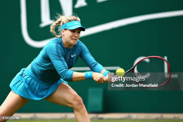 Eugenie Bouchard of Canada in action during Day One of the Nature Valley Classic at Edgbaston Priory Club on June 16, 2018 in Birmingham, United...