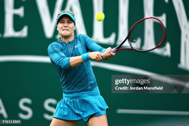 Eugenie Bouchard of Canada in action during Day One of the Nature Valley Classic at Edgbaston Priory Club on June 16, 2018 in Birmingham, United...