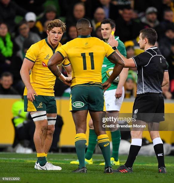 Melbourne , Australia - 16 June 2018; Marika Koroibete of Australia is shown a yellow card by referee Paul Williams during the 2018 Mitsubishi Estate...