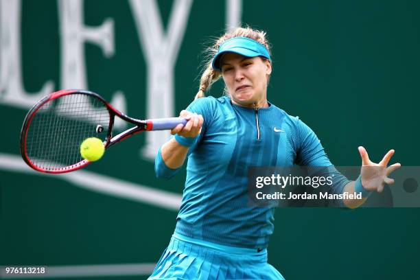 Eugenie Bouchard of Canada in action during Day One of the Nature Valley Classic at Edgbaston Priory Club on June 16, 2018 in Birmingham, United...