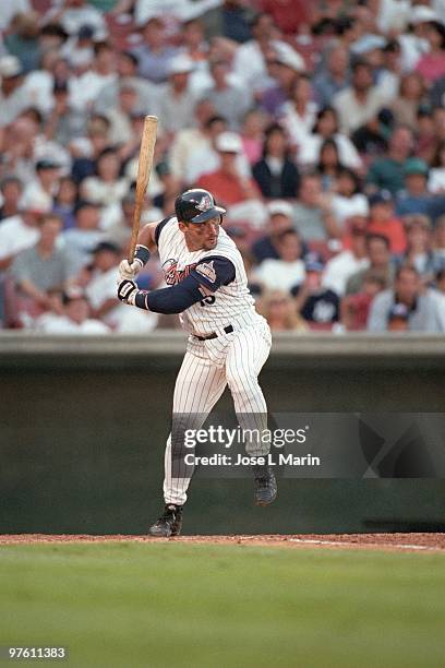 Jim Leyritz of the Anaheim Angels bats during the game against the Seattle Mariners at Anaheim Stadium on July 6, 1997 in Anaheim, California.