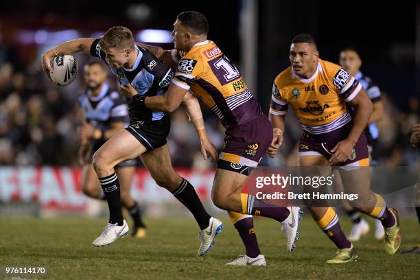 Jayden Brailey of the Sharks makes a break during the round 15 NRL match between the Cronulla Sharks and the Brisbane Broncos at Southern Cross Group...
