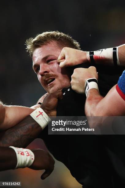 Sam Cane of the All Blacks fights with Bernard Le Roux of France during the International Test match between the New Zealand All Blacks and France at...