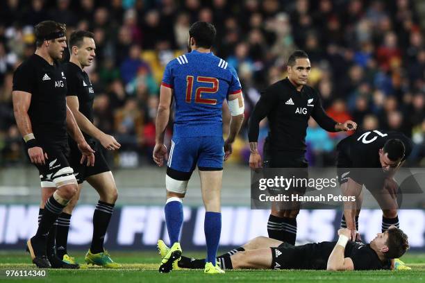 Beauden Barrett of the All Blacks lies injured during the International Test match between the New Zealand All Blacks and France at Westpac Stadium...