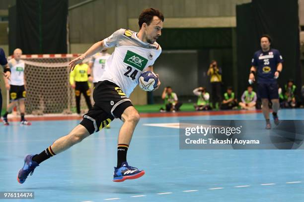 Patrick Groetzki of Germany in action during the handball international match between Japan and Germany at the Tokyo Metropolitan Gymnasium on June...