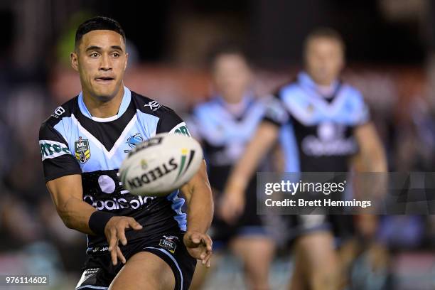 Valentine Holmes of the Sharks looks to pass the ball during the round 15 NRL match between the Cronulla Sharks and the Brisbane Broncos at Southern...