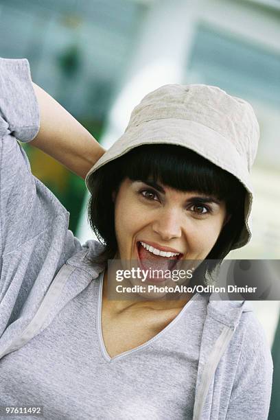 woman smiling with looking of astonishment, portrait - wonky fringe stock pictures, royalty-free photos & images