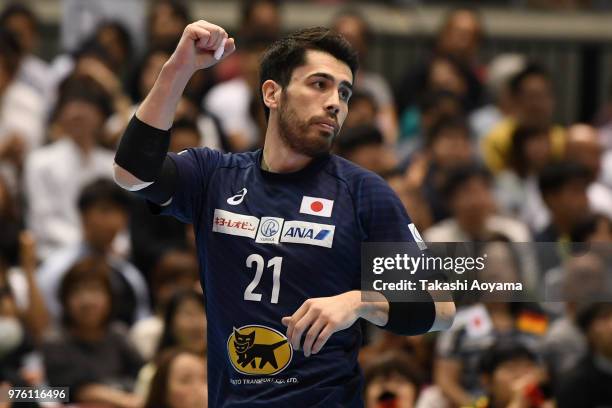 Remi Anri Doi celebrates scoring a goal during the handball international match between Japan and Germany at the Tokyo Metropolitan Gymnasium on June...