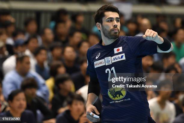 Remi Anri Doi celebrates scoring a goal during the handball international match between Japan and Germany at the Tokyo Metropolitan Gymnasium on June...