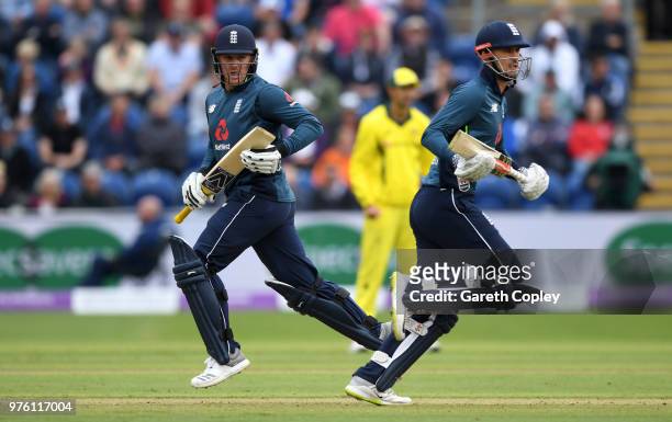 Jason Roy and Alex Hales of England score runs during the 2nd Royal London ODI between England and Australia at SWALEC Stadium on June 16, 2018 in...