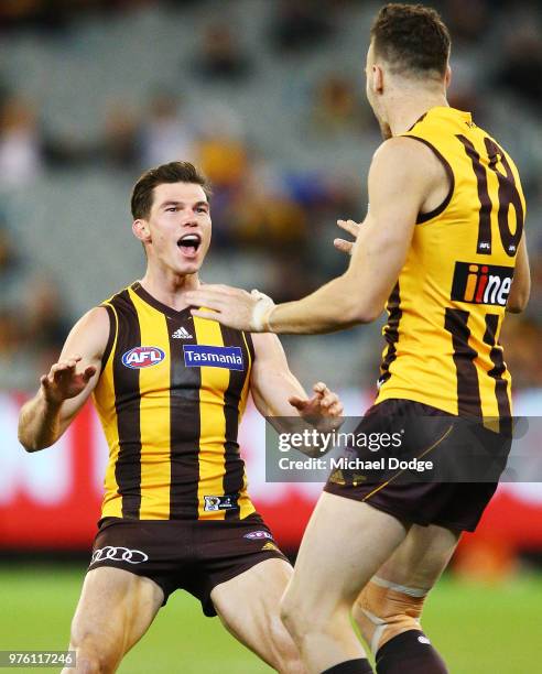 Jaeger O'Meara of the Hawks and Jonathon Ceglar of the Hawks celebrate a goal during the round 13 AFL match between the Hawthorn Hawks and the...