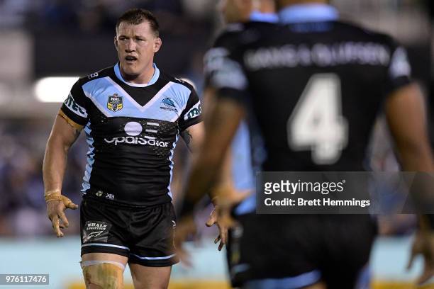 Paul Gallen of the Sharks reacts during the round 15 NRL match between the Cronulla Sharks and the Brisbane Broncos at Southern Cross Group Stadium...