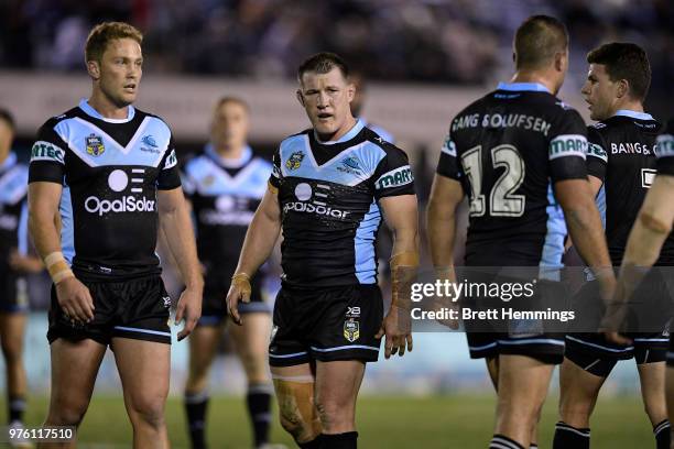 Paul Gallen of the Sharks reacts during the round 15 NRL match between the Cronulla Sharks and the Brisbane Broncos at Southern Cross Group Stadium...