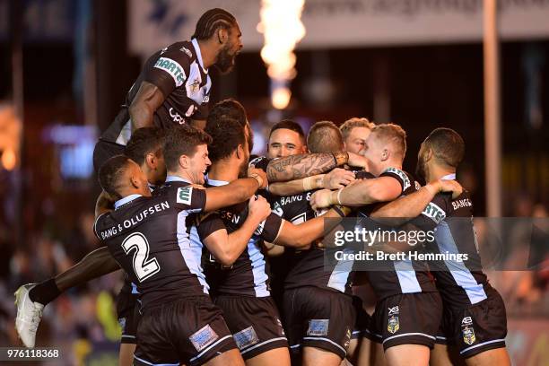 Wade Graham of the Sharks celebrates scoring a try with team mates during the round 15 NRL match between the Cronulla Sharks and the Brisbane Broncos...