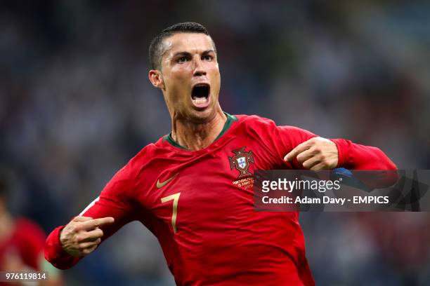Portugal's Cristiano Ronaldo celebrates scoring his side's third goal of the game and completing his hat-trick Portugal v Spain - FIFA World Cup 2018...