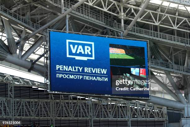 The LED screen shows VAR reviewing a penalty decision during the 2018 FIFA World Cup Russia group C match between France and Australia at Kazan Arena...