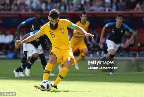 Mile Jedinak of Australia scores a penalty for his team's first goal during the 2018 FIFA World Cup Russia group C match between France and Australia...