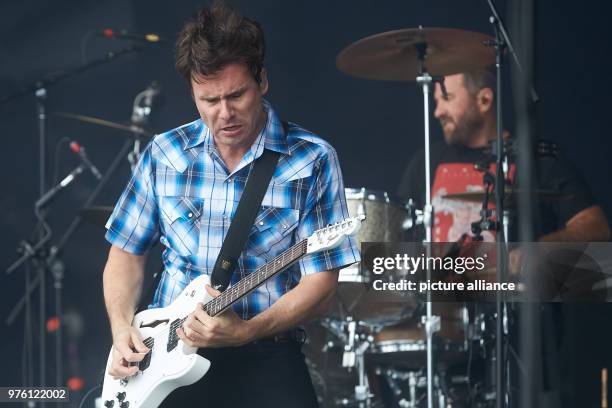 June 2018, Germany, Nuerburg: Frontman Jim Adkins and drummer Zach Lind of the American alternative rock band 'Jimmy Eat World' perform on the main...