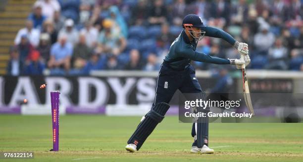 Alex Hales of England is bowled by Jhye Richardson of Australia during the 2nd Royal London ODI between England and Australia at SWALEC Stadium on...