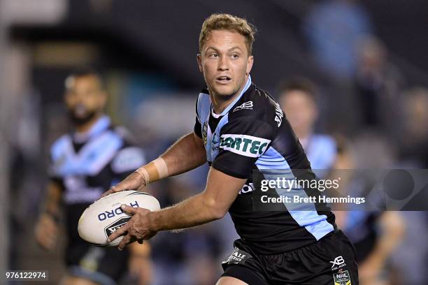 Matthew Moylan of the Sharks runs the ball during the round 15 NRL match between the Cronulla Sharks and the Brisbane Broncos at Southern Cross Group...