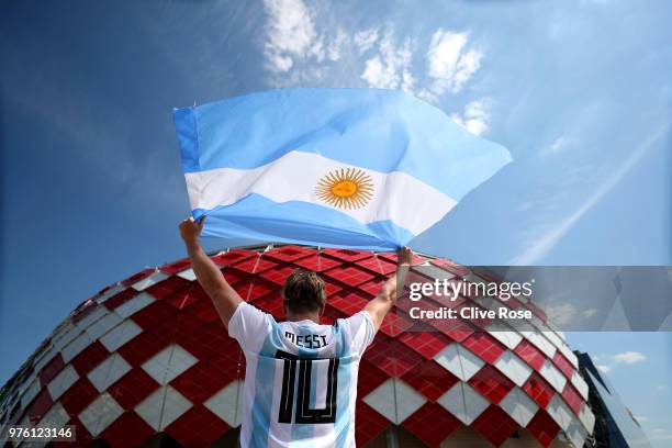 An Argentina fan poses outside the stadium prior to the 2018 FIFA World Cup Russia group D match between Argentina and Iceland at Spartak Stadium on...