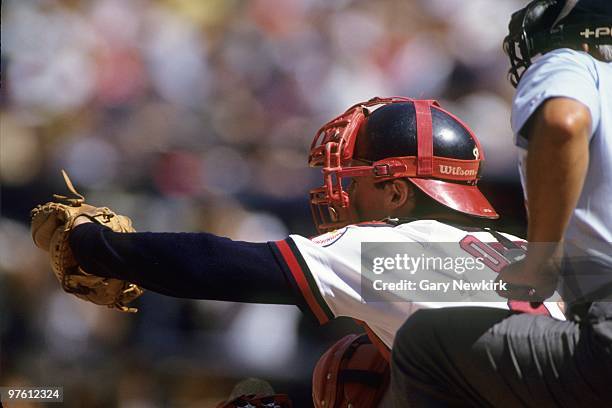 John Orton of the California Angels catches during the game against the Boston Red Sox at Anaheim Stadium on August 30, 1992 in Anaheim, California.