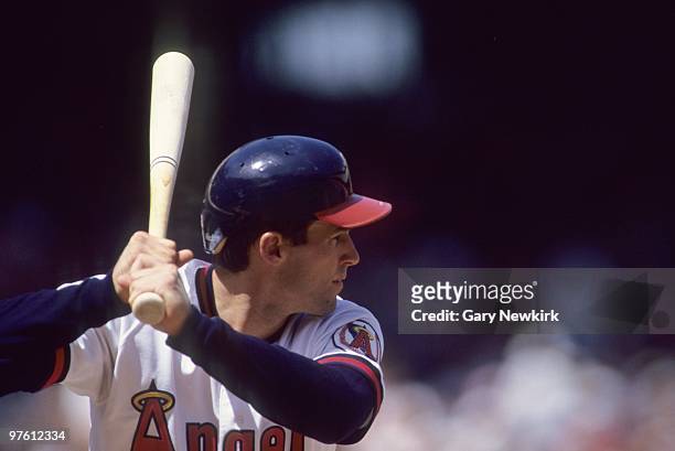 John Orton of the California Angels bats during the game against the Boston Red Sox at Anaheim Stadium on August 30, 1992 in Anaheim, California.