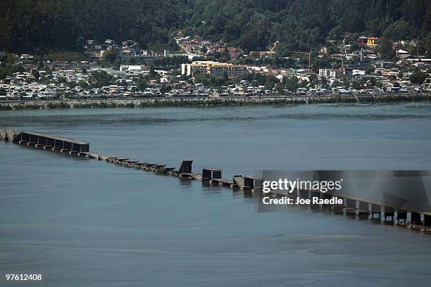 Bridge that was damaged by the February 27th earthquake is seen on March 9, 2010 in Concepcion, Chile. Food, water and electricity continue to arrive...