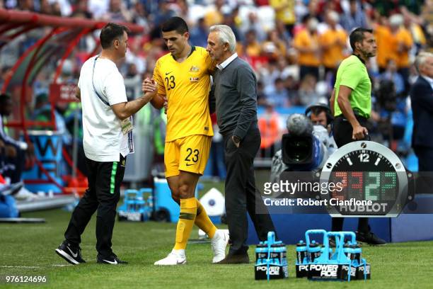 Tom Rogic of Australia speaks with Bert van Marwijk, Head coach of Australia following being substituted from the pitch during the 2018 FIFA World...