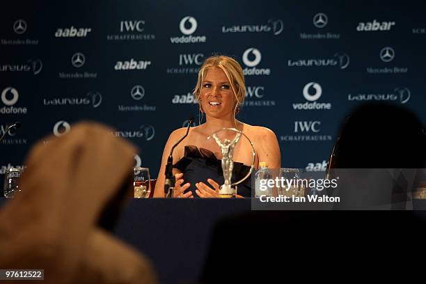 World Surfing Champion Stephanie Gilmore speaks to the media with her award for "Laureus World Action Sportsperson of the Year" in the Awards room...