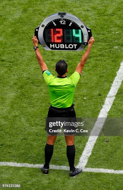 Referee assistant shows the substitution board during the 2018 FIFA World Cup Russia group C match between France and Australia at Kazan Arena on...