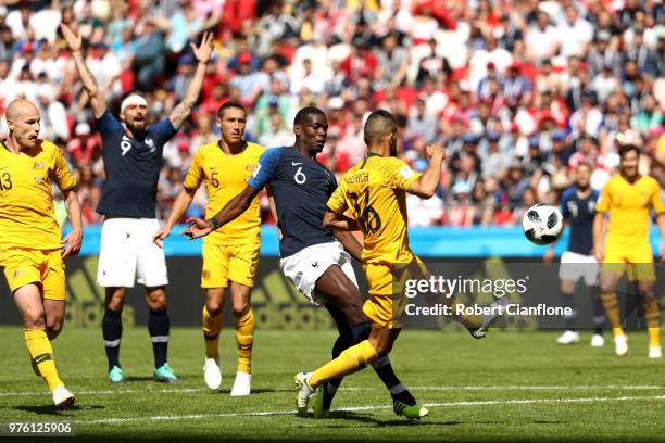 Paul Pogba of France celebrates scores his sides second goal as ball deflects of Aziz Behich during the 2018 FIFA World Cup Russia group C match...