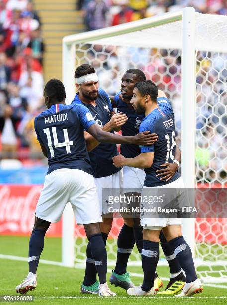 Paul Pogba of France celebrates scoring his sides second goal withteam mates during the 2018 FIFA World Cup Russia group C match between France and...
