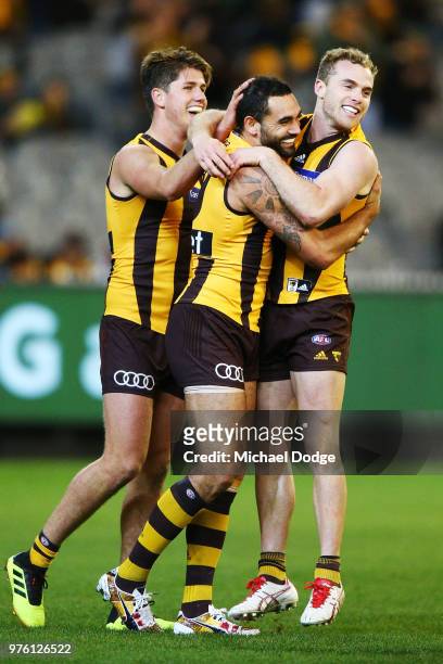 Shaun Burgoyne of the Hawks celebrates a goal with Tom Mitchell during the round 13 AFL match between the Hawthorn Hawks and the Adelaide Crows at...