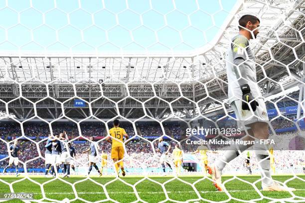 Antoine Griezmann of France scores the opening goal from a penalty during the 2018 FIFA World Cup Russia group C match between France and Australia...