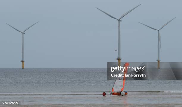 Competitors race during the National Land Sailing regatta held on Coatham Sands on June 16, 2018 in Redcar, England. Land sailing events held on the...