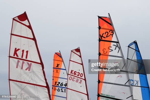 Sails on land yachts are seen as competitors prepare to race during the National Land Sailing regatta held on Coatham Sands on June 16, 2018 in...