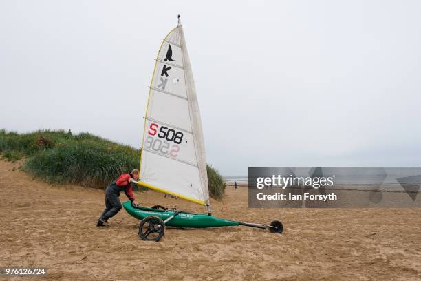 Competitors race during the National Land Sailing regatta held on Coatham Sands on June 16, 2018 in Redcar, England. Land sailing events held on the...