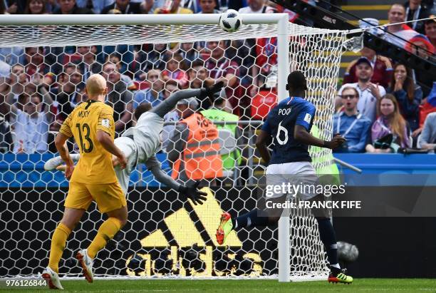 France's midfielder Paul Pogba shoots to score a goal during the Russia 2018 World Cup Group C football match between France and Australia at the...