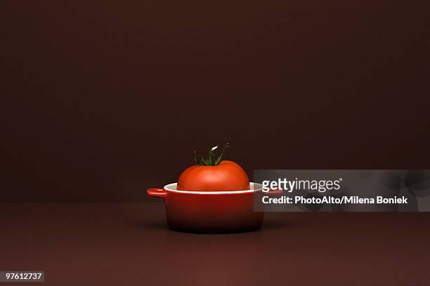 food concept, fresh tomato in miniature pot - sfondo marrone foto e immagini stock