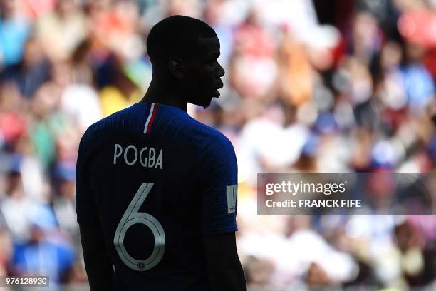 France's midfielder Paul Pogba looks on during the Russia 2018 World Cup Group C football match between France and Australia at the Kazan Arena in...