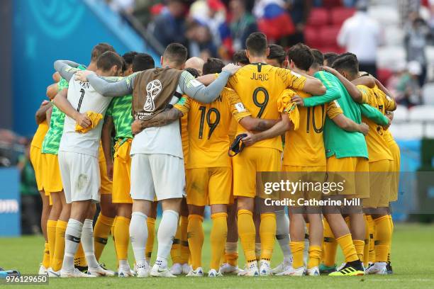 Australia team huddle prior to the 2018 FIFA World Cup Russia group C match between France and Australia at Kazan Arena on June 16, 2018 in Kazan,...